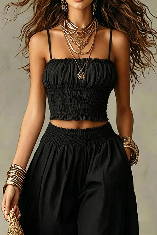 Olive Gypsy  pleated crop top and high-waisted wide-leg pants set