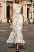Polka Dot Print Round Neck Sleeveless Pleated Waist Casual Maxi Dress