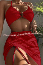 Commuting Style Suspender Pleated Hoop Three Pieces Swimsuit Set