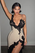 Floral Lace One Shoulder Deep V-Neck High Split Bodycon Maxi Dress