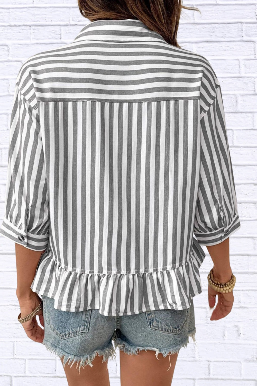 Striped Ruffle Hem Button-Down Shirt | Chic Women__ Top
