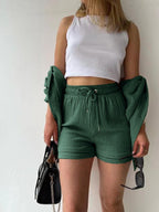 Long-sleeved Shirt And High-waisted Drawstring Shorts Casual Two-piece Set