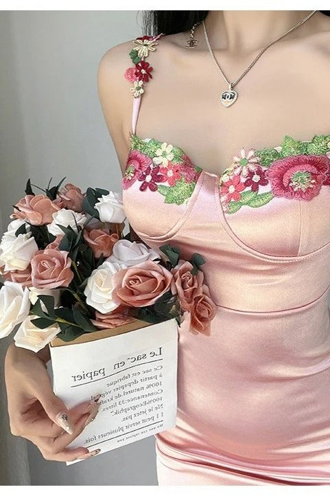 Sweetheart Bustier Floral Embroidery Spaghetti Strap Ruched Satin Bodycon Mini Dress