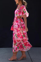 Floral Print Square Neck Cape Sleeve Cut Out Waist Tiered Maxi Dress