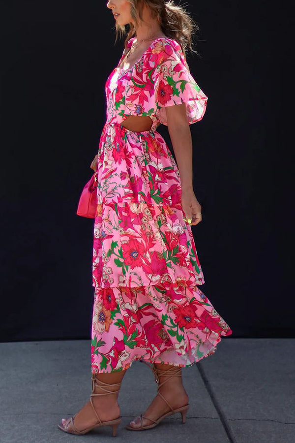 Floral Print Square Neck Cape Sleeve Cut Out Waist Tiered Maxi Dress