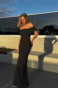 Simple Elegant Fold Over Off Shoulder Pleated Sheath Boho Dress
