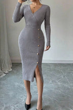 Knitted V-Neck Long-Sleeve Buttoned Sweater Dress