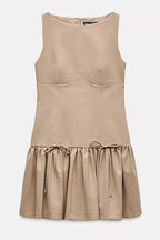 Velvet Bow Trim Drop Waist Gathered Pleated Mini Dress