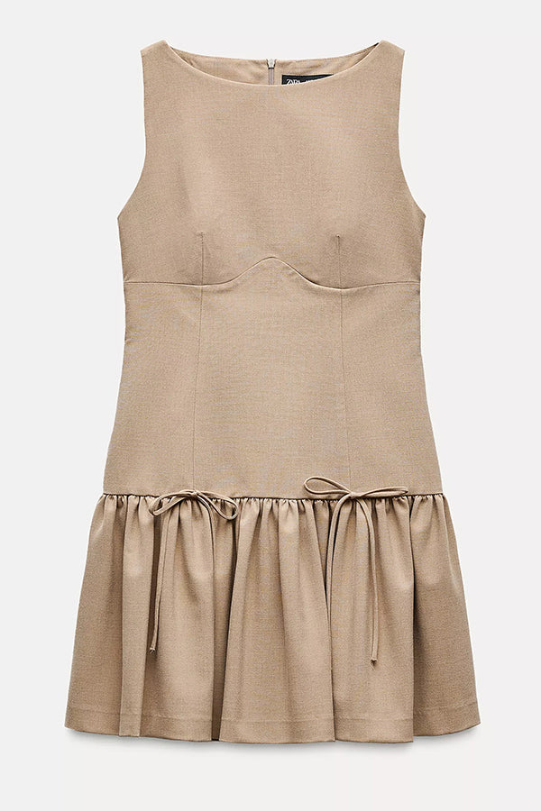 Velvet Bow Trim Drop Waist Gathered Pleated Mini Dress