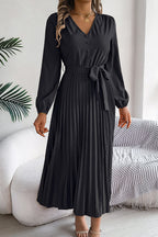 Deep V-Neck Bishop Sleeve Button Front Pleated Belted Midi Dress