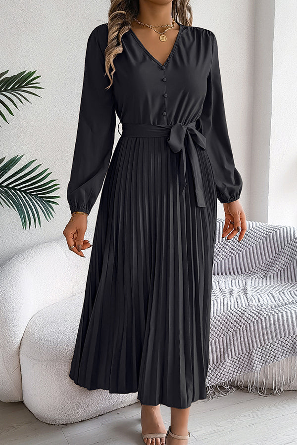 Deep V-Neck Bishop Sleeve Button Front Pleated Belted Midi Dress