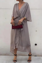 Deep V-Neck Flutter Sleeve Tie Waist Handkerchief Hem Midi Dress