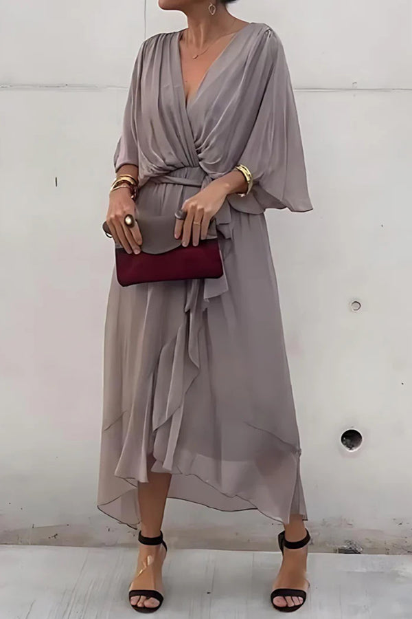 Deep V-Neck Flutter Sleeve Tie Waist Handkerchief Hem Midi Dress