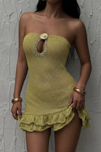 Green Strapless Keyhole Cutout Pearl Rhinestone Crochet Ruffle Hem Mini Dress