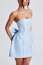Strapless Jacquard Floral Bow Back Fit and Flare Mini Dress