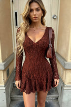 Lace Deep V-Neck Long Sleeve Fit and Flare Mini Dress