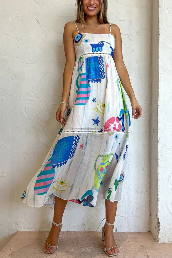 Graphic Print Spaghetti Strap Tiered Eyelet Trim Midi Dress
