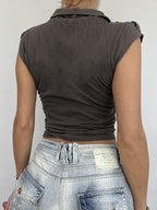 Solid V Neck Pocket Cropped Short Sleeve Tee