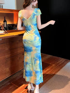 Tie-Dye Surplice Ruffle Slit Dress