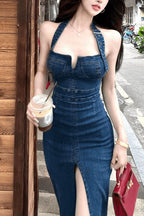 Denim Halter Neck Corset Bustier High Split Bodycon Maxi Dress