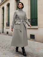 Belted Woolen Stand-Collar Long Winter Coat With Functional Pockets For Women 2026