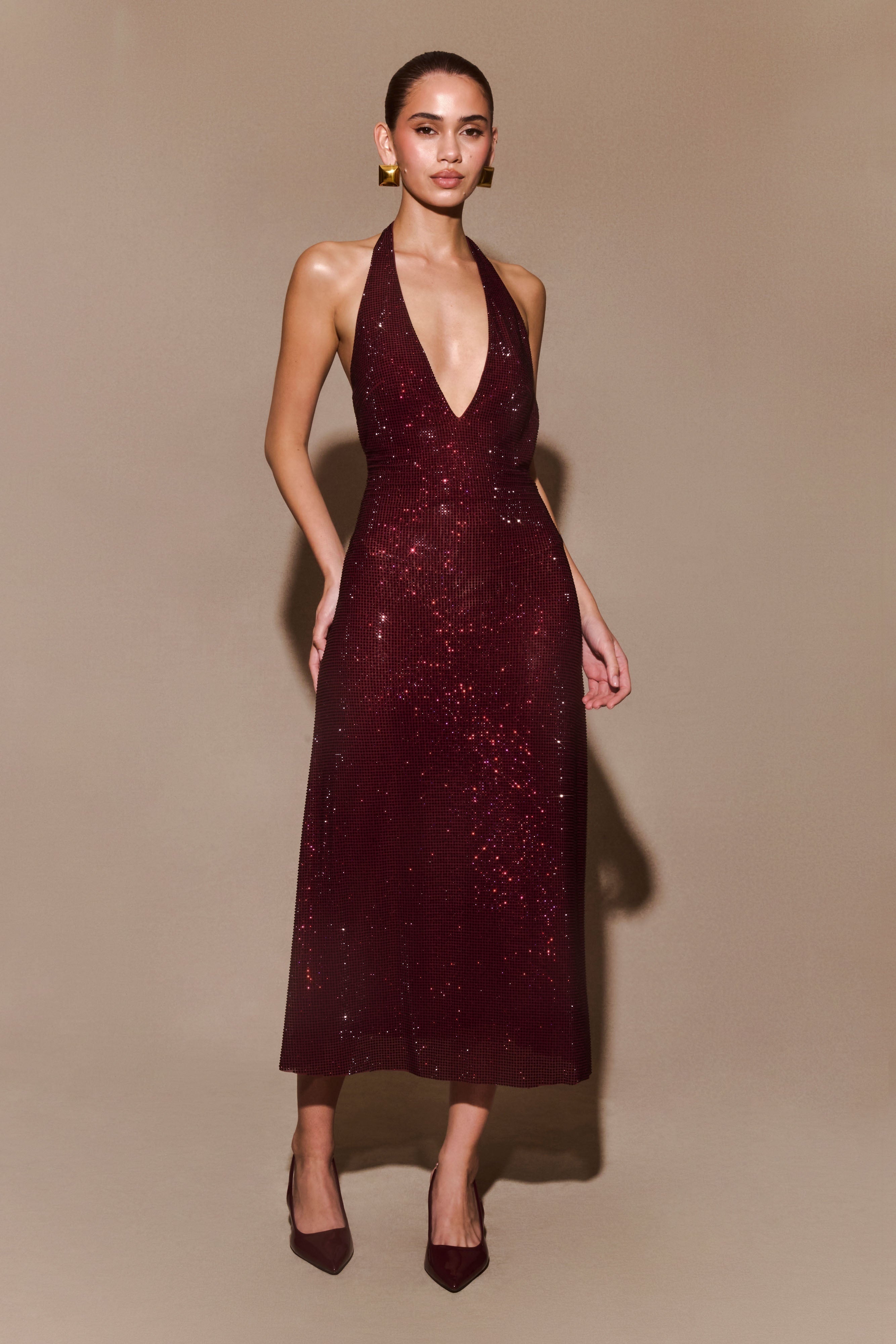 Sequin Halter Neck Deep V-Neck Bodycon Midi Dress