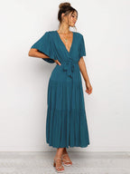 Boho Ruffle Tiered Midi Dress for Women - Lilac V Neck Flutter Sleeve A-Line Flowy Wrap Sun Dress - Summer Wedding Guest 2026