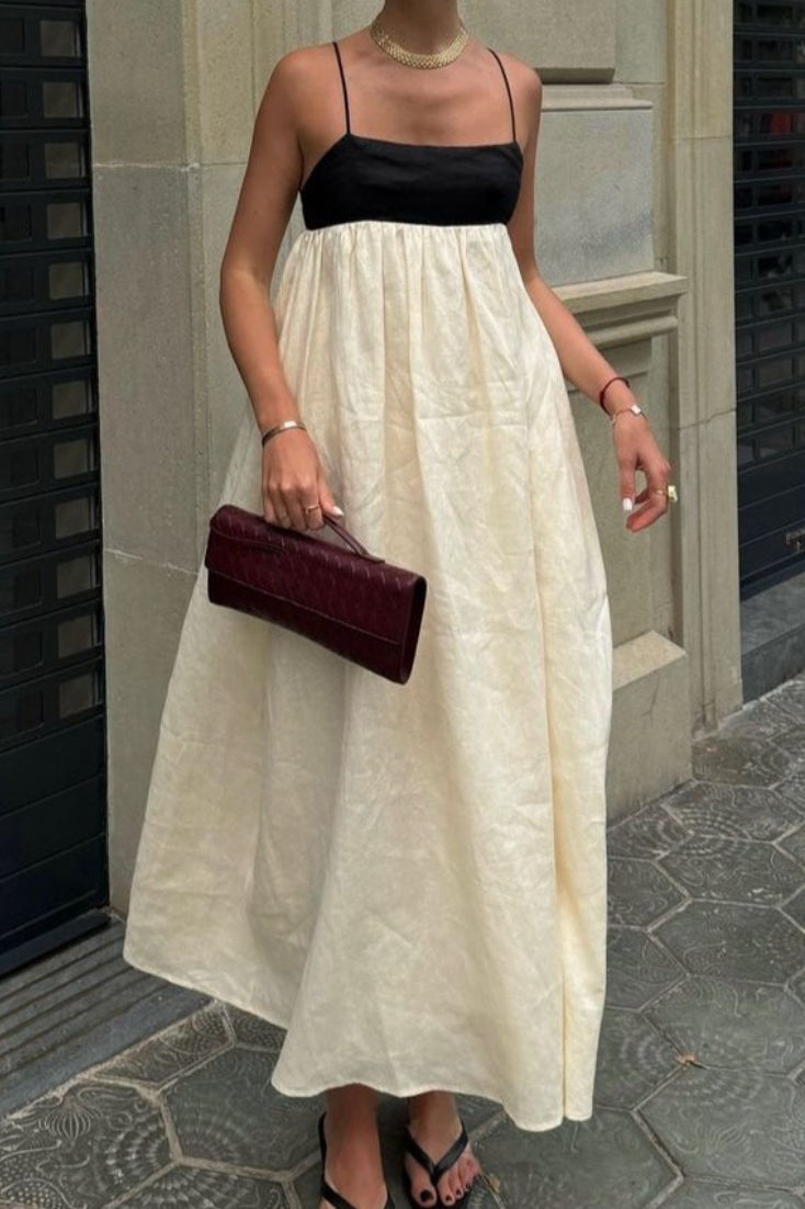 Beige Spaghetti Strap Square Neck Empire Waist Gathered Patchwork Maxi Dress