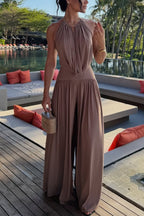Lightweight Chic Metal Ring Drape Cowl Halter Neck Stretch Bodysuit