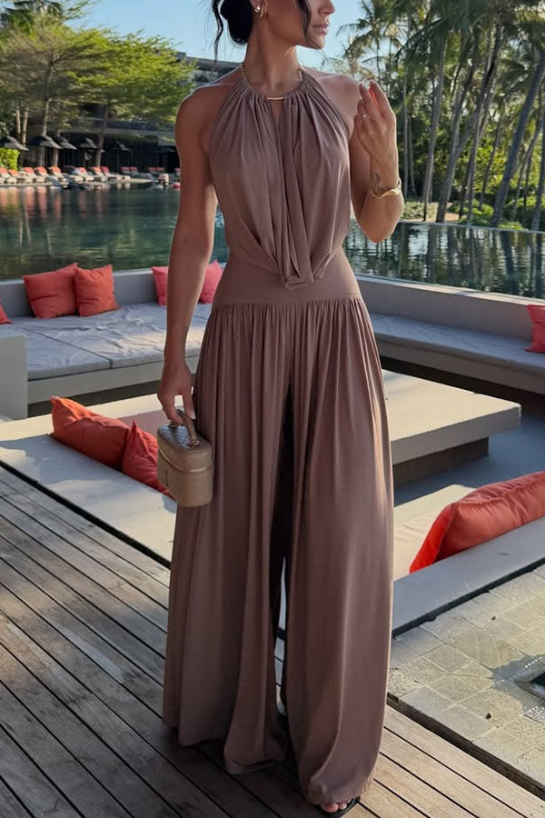 Lightweight Chic Metal Ring Drape Cowl Halter Neck Stretch Bodysuit