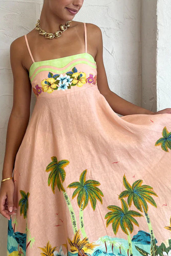 Tropical Palm Print Scallop Trim Spaghetti Strap Maxi Dress