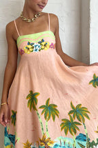 Tropical Palm Print Scallop Trim Spaghetti Strap Maxi Dress