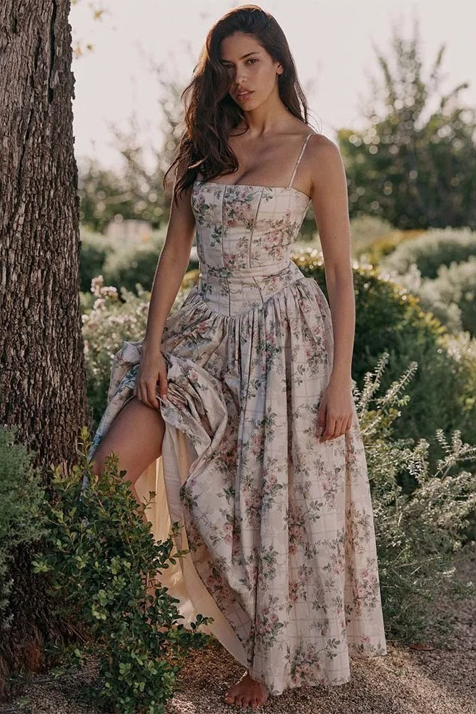 Square Neck Corset Bodice Dropped Waist Floral Ribbon Print Maxi Dress