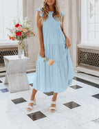 Smocked Bodice Flutter Sleeve Tiered A-Line Midi Dress