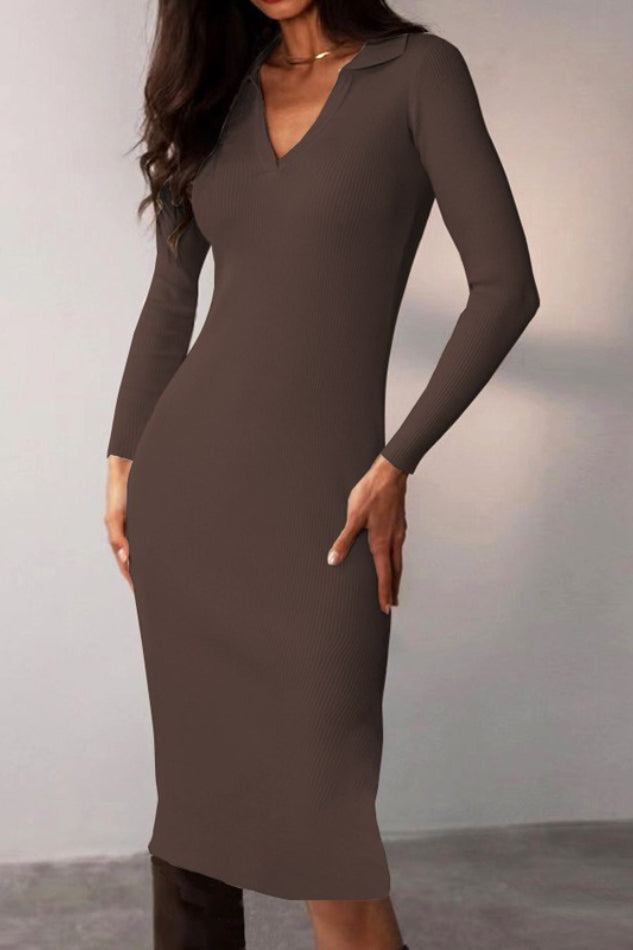 Polo Collar Ribbed Knit Deep V-Neck Long Sleeve Bodycon Midi Dress