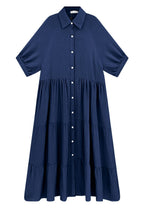 Gauze Button Front Collar Half Sleeve Tiered Pocket Midi Dress