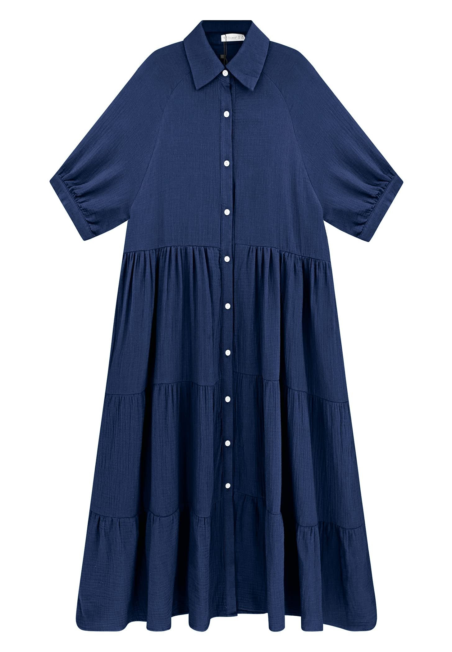 Gauze Button Front Collar Half Sleeve Tiered Pocket Midi Dress