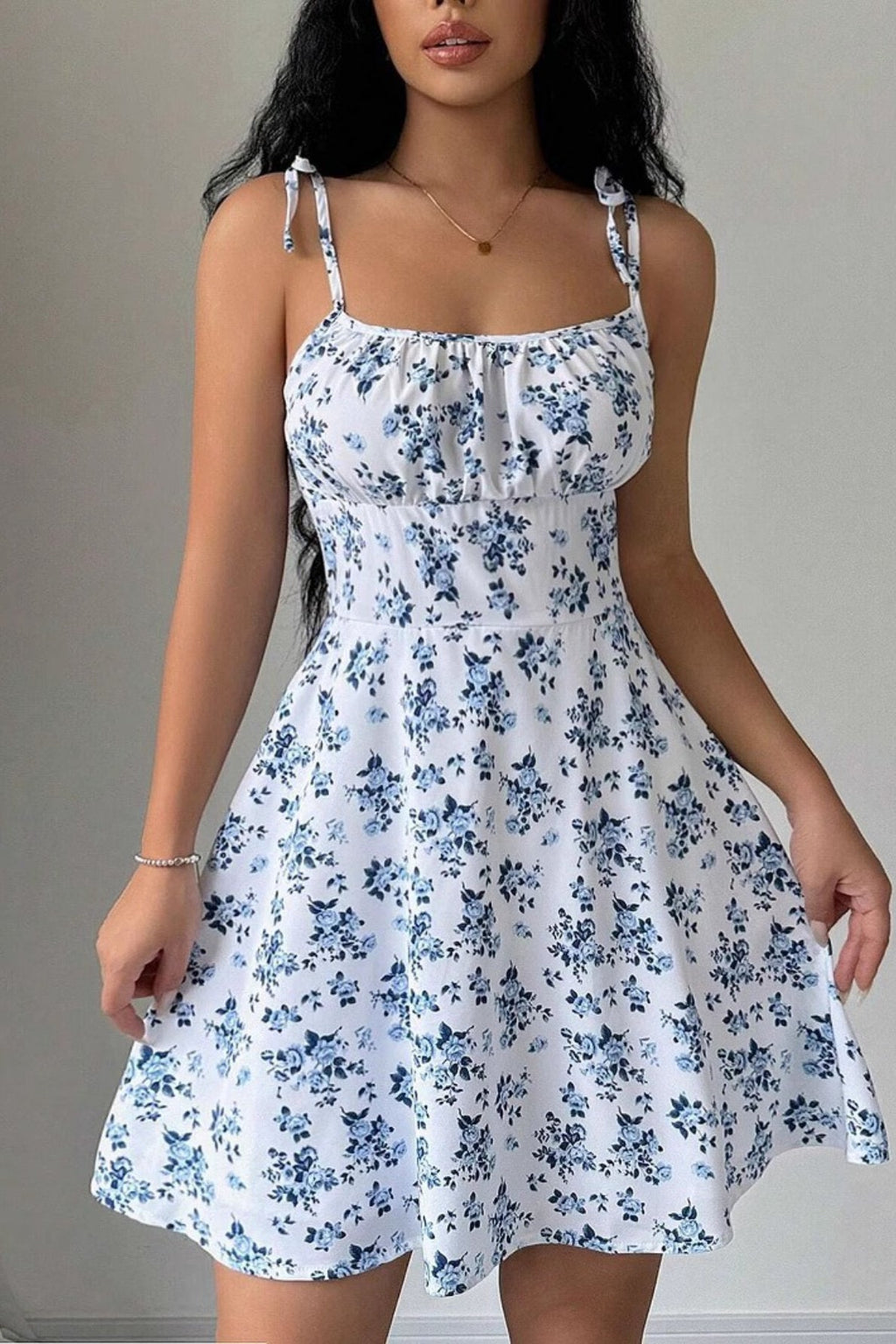Square Neck Tie Shoulder Ruched Bust Ditsy Floral A-Line Mini Dress
