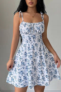 Square Neck Tie Shoulder Ruched Bust Ditsy Floral A-Line Mini Dress