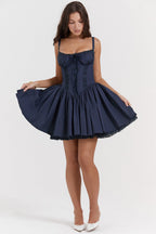 Ditsy Floral Square Neck Lace Trim Bustier Tiered Ruffle Hem Mini Dress