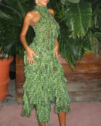 Shaggy Fringe Halter Neck Sleeveless Bodycon Midi Dress