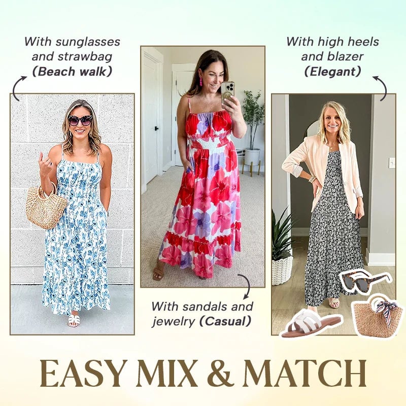 Floral Print Smocked Bodice Spaghetti Strap Tiered Maxi Dress
