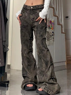 Wasteland Style Washed Pleats Slightly Flared Flare Jeans