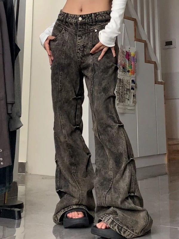 Wasteland Style Washed Pleats Slightly Flared Flare Jeans