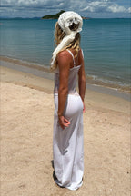White Spaghetti Strap Scoop Neck Floral Mesh Patchwork Ribbed Maxi Dress