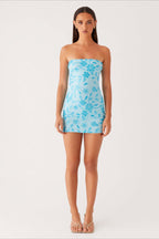 Strapless Sequin Floral Embroidered Mesh Bodycon Mini Dress