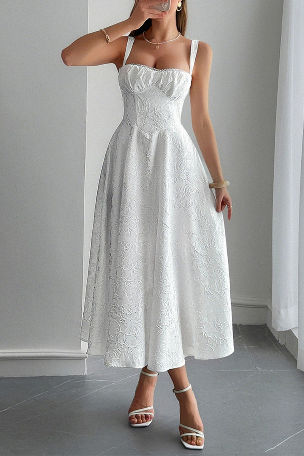 Jacquard Floral Bustier Lace Trim Pointed Waist Fit and Flare Midi Dress