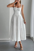Jacquard Floral Bustier Lace Trim Pointed Waist Fit and Flare Midi Dress