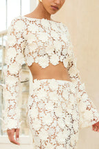 Stylish Long-sleeved Backless Lace Top and Elegant Openwork Maxi Fishtail Skirt Set