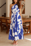 Unique Printed One-Shoulder Belt Casual Holiday Maxi Dress